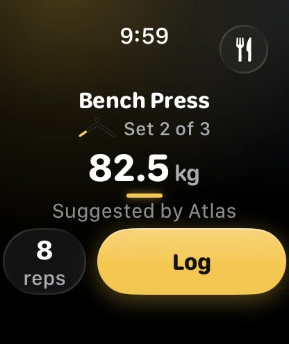 Apple Watch: Bench Press, set 2 of 3, 82.5 kg suggested by Atlas, 8 reps, Log.